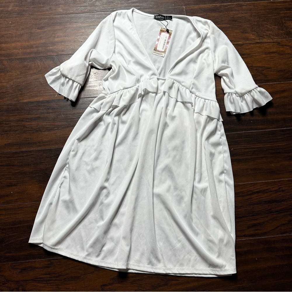 Boohoo White Ribbed Ruffle Smock Dress - Picture 2 of 5